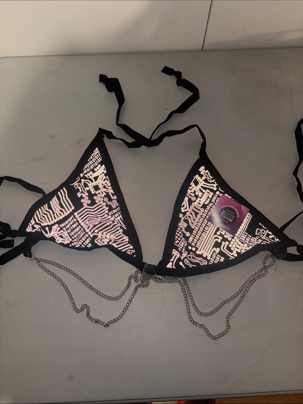 # 1112 New LARGE Black Circuit-Print Triangle Bikini Top with Silver Chain Detai